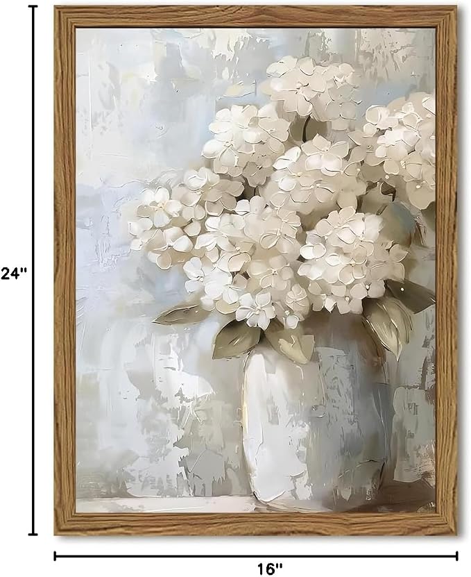 Framed Vintage Canvas Wall Art, White Hydrangea Floral Wall Decor Paintings, Flower Pictures Prints Aesthetic Home Decor for Living Room Bedroom Bathroom Office 16x24 inch