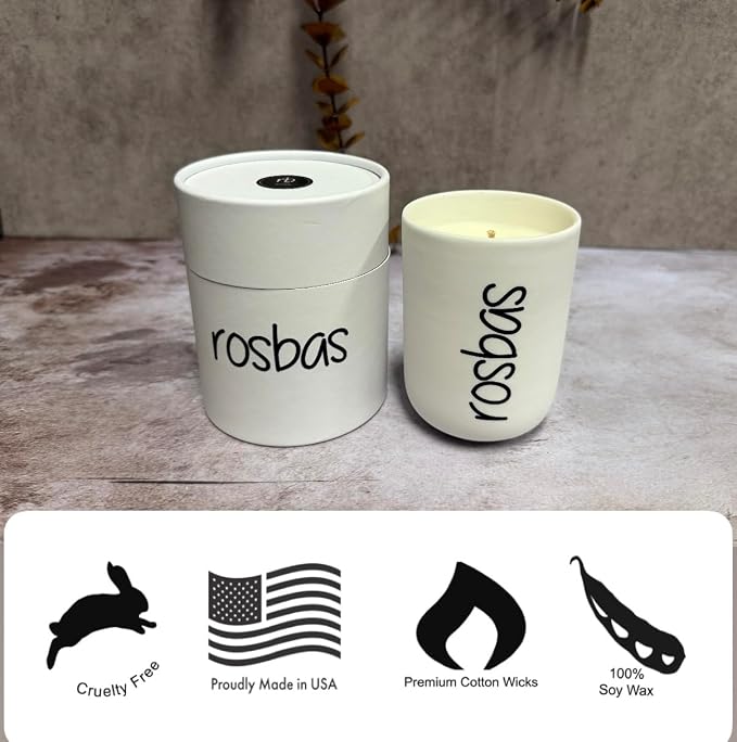 rosbas Gardenia Soy Wax Candle - 8 oz in Ceramic Jar - Boxed - Clean Burning for Luxury Floral Ambience - White - Made in USA