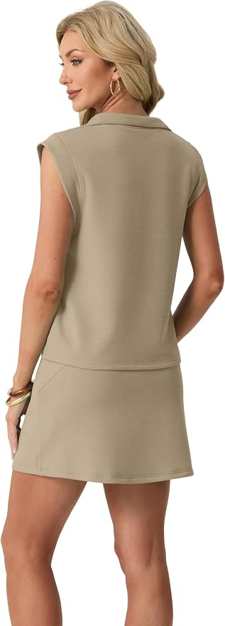 GRECERELLE Women's 2026 Summer 2 Piece Skort Sets Cap Sleeve Zip Collared Top Matching Tennis Skirt with Pockets for Athletic
