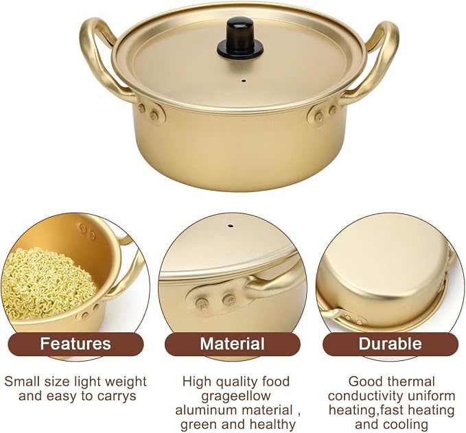 Korean Ramen Noodle Pot,Aluminum Alloy Double Handle Korean Instant Noodles Pot Korean Noodle Cooker Stockpot Cooking Pot with Lid Kitchen Cookware for Soup Pasta Egg (20cm)