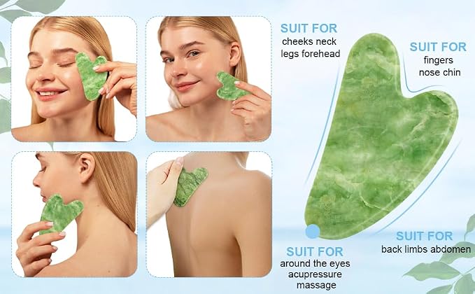 Jade Roller & Gua Sha Set 5-in-1, Full Body Massage Tools | Cool natural Xiuyan jade for depuffing facial massage, portable travel skincare kit, ideal stocking stuffer gifts for women