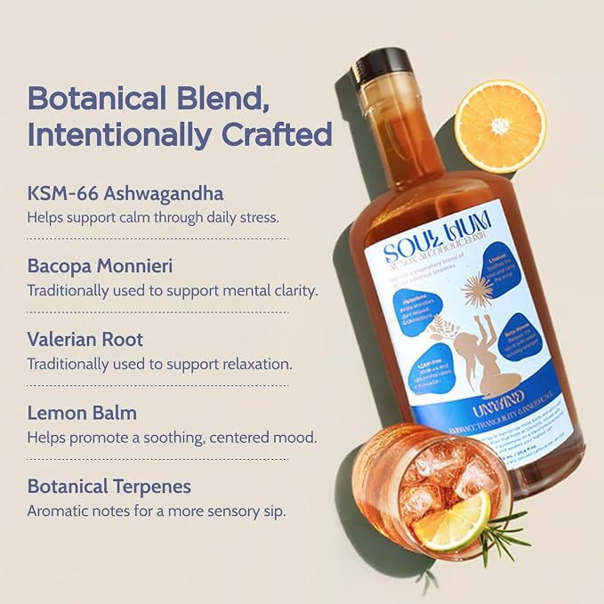 Soul Hum Unwind Non-Alcoholic Elixir – Functional Botanical Drink with Ashwagandha, Lemon Balm & Valerian Root - Alcohol Free Beverage, Blood Orange Flavor for Relaxation Moments - 25.4 Fl Oz