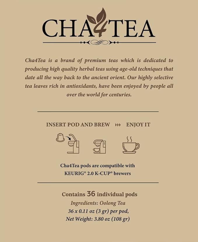 Cha4TEA 36-Count Oolong Tea Pods Compatible with Keurig K-Cup Brewers