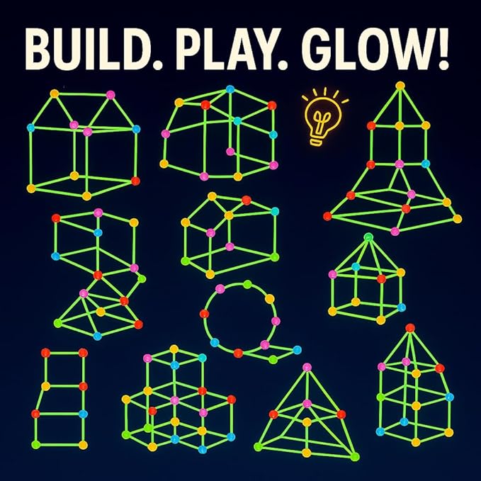 Batzo Glow-in-The-Dark Small Fort Building Kit (122 Pcs) – Sturdy Rods & Connectors Construction Set | Creative and Learning STEM Toy, Easy to Build Indoor Playhouse for Kids Ages 4+