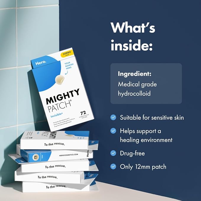 Mighty Patch™ Invisible+ Patch – The Barely-There Daytime Hydrocolloid Acne Pimple Patch for Covering Zits and Blemishes, Tapered Edges Designed to Blend Into Skin (72ct) (Pack of 2)