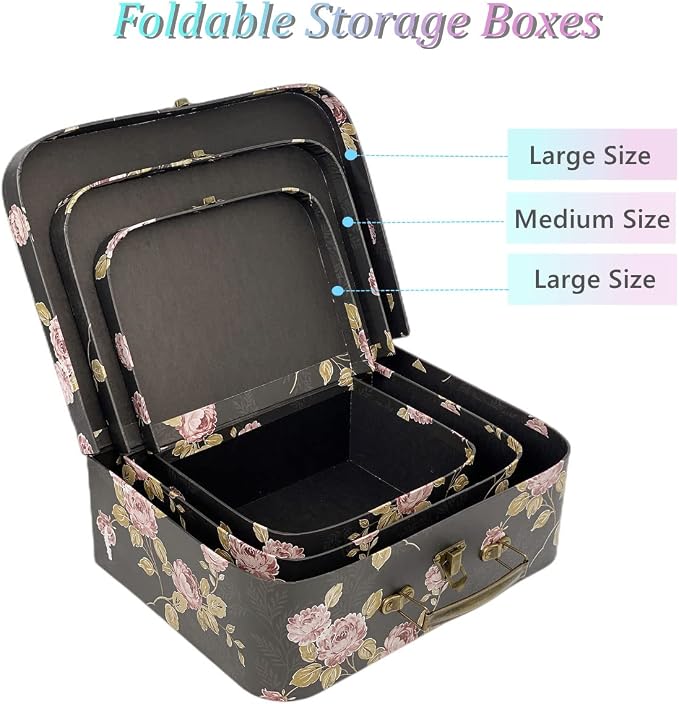 Decorative Boxes Set of 3 Decorative Storage Boxes With Lids, Cardboard box, Vintage Suitcase for Home Decoration, Photo Storage, Hat Boxes (Black Flowers)