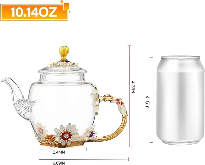 Glass Teapot -300 ml (10 oz), Flower Decoration Heat Resistant Glass Teapot Kettle with Golden Leaf Edge Color Floral Pattern Retro Teapot Tea Party Set (Pink)