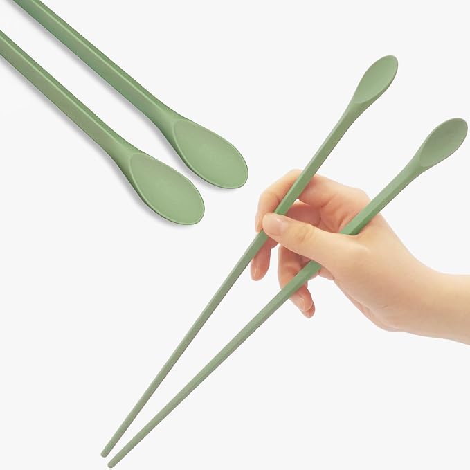 Reusable Long Silicone Cooking Chopsticks with Spoon 12 Inches 1 Pair, Dishwasher Safe, BPA-free Non-Slip, Korean, Heat Resistant, Japanese Kitchen Cookware (Pastel Green, 1 Pair )
