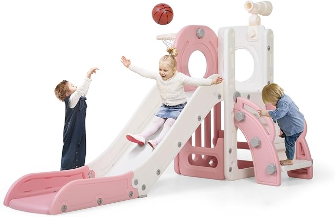 Toddler Slide, Outdoor Indoor Slide for Toddlers 1-3, Freestanding Slides with Basketball Hoop, Telescope, Storage Space and Non-Slip Steps (Pink)