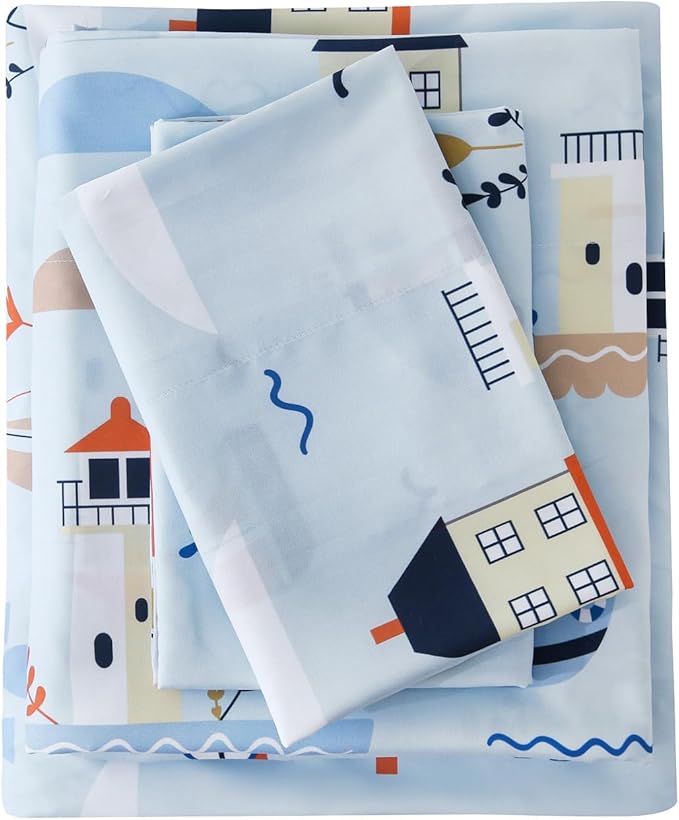 MCO Sailboat Kids Full Size Bed Sheets, Soft Microfiber Full Size Sheets for Boy Girls, 4 Pieces Breathable Full Bed Sheet Lighthouse