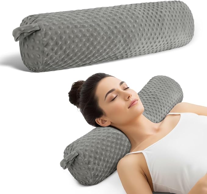 Roll Neck Bolster Pillow for Couch Memory Foam 24In Dark Grey Round Cervical Neck Pillows Support for Sleeping,Round Bolster Cushion for Bed,Legs,Back and Yoga