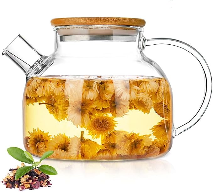 JOUALY Glass Teapot 34oz/1000ml, Stovetop & Microwave Safe Borosilicate Tea Pot,Clear Teapot with Strainer, Glass Tea Kettle with Wooden Lid for Loose Leaf、Fruit Tea and Fragrant Tea