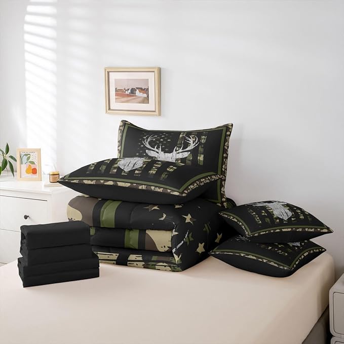 Feelyou Deer Hunting Camo Comforter Set Twin Size 7 Pieces Green Camouflage Camo Bedding Set American Flag Bed in a Bag with Comforter, Sheets, Pillowcases, Cushion Covers Wild Animal Bedroom Decor