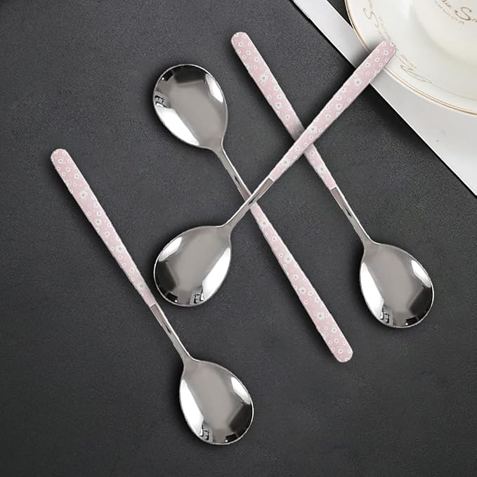 Stainless Steel Soup Spoon,Korean Dessert Pink Daisy Mixed Color Spoon for Home, Kitchen or Restaurant, Set of 4 Pink Daisy Colour Soup Spoons, 8 Inches.