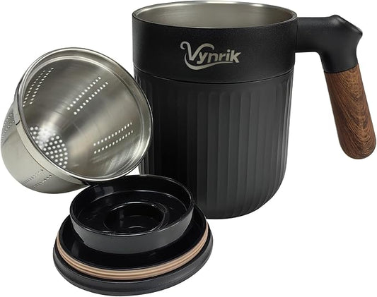 Tea Infuser Cup doubles as Insulated Coffee Mug,Tea Cup with Lid and Handles,Removable Stainless Steel Tea Strainers for Loose Tea (BLACK)