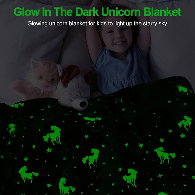 TEHALK Personalized Unicorn Blanket for Girls, Glow in The Dark, Fleece 60"x80"