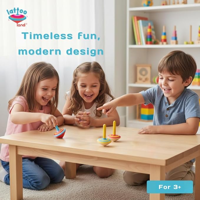 Lattooland Wooden Set of 3 Spinning Tops for Kids | Multicolor & Child-Safe Montessori | Educational Kindergarten Toys | Classic Lattoos | Flip Tops Gyroscope for Toddlers | Birthday Return Gift | 3+