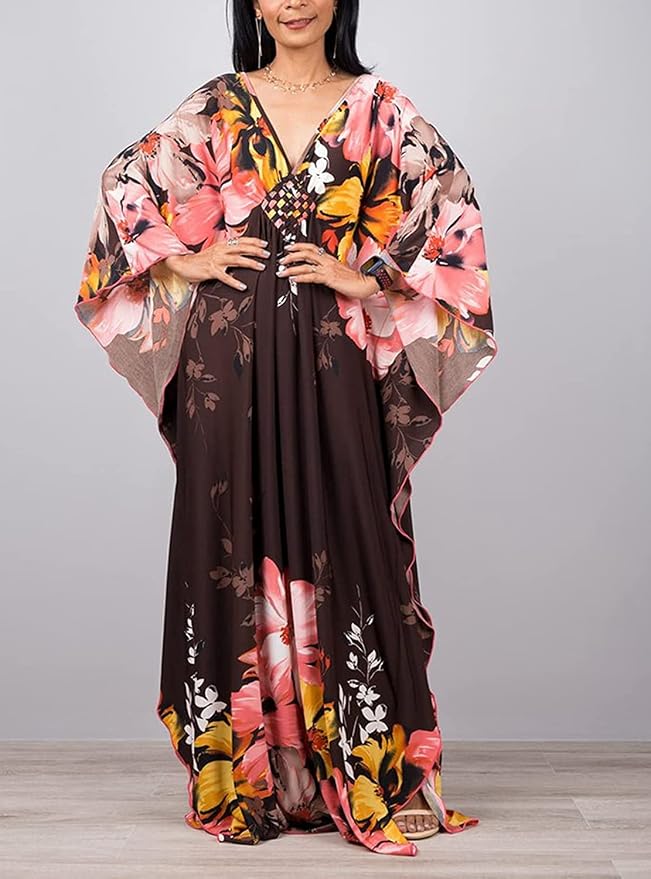 Venasha Womens Caftan Floral Print Kaftan Dress Short Sleeve Swimsuit Cover up Loungewear for Summer