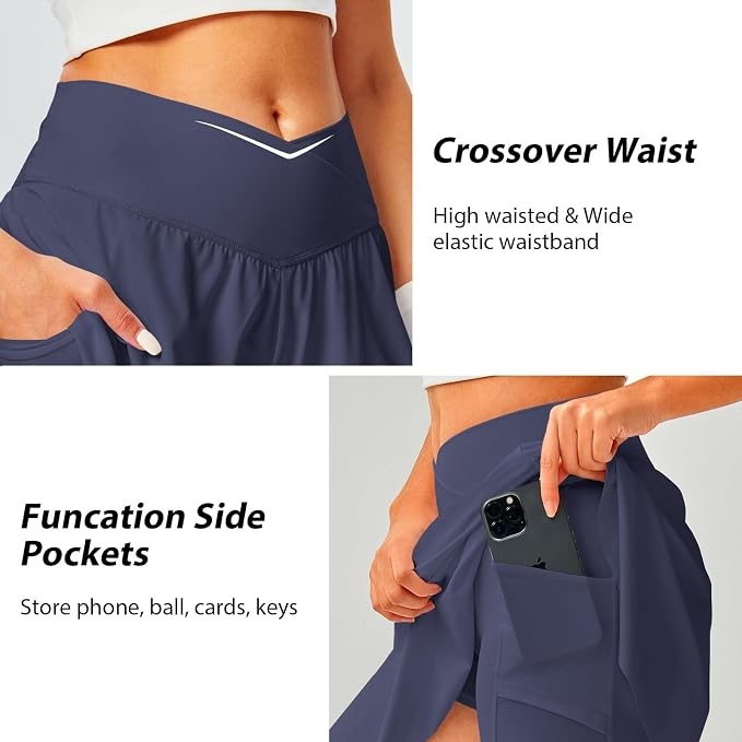 Womens Tennis Skirt Crossover High Waisted Skort with Pockets Shorts | Athletic Skirts for Golf Running Workout Pickleball, Aesthetic Activewear, Sporty Athleisure Style