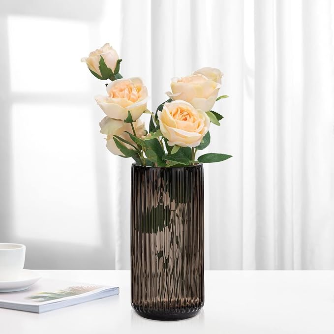 Flower Vase 10 inch Amber Thickened Hand Blow Glass Vase Round Vintage Striped Bottles for Bookshelf,Dinner Table,Indoor Office Desktop,Meeting Room,Bathroom,Home