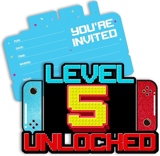 Video Game Boys 5th Birthday Party Invitations Glitter Video Game 5 Year Old Birthday Shaped Invitations with Envelopes, 20 Pack