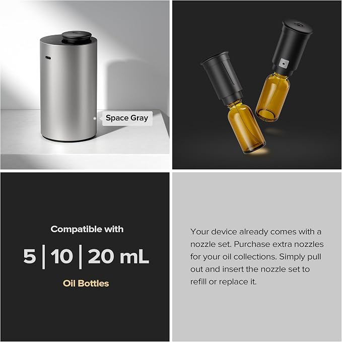 Airversa Waterless Essential Oil Diffuser Starter Kit with 4 x 10mL Fragrance Scent Oil, Battery Operated Mini Scent Air Machine Portable Diffuser for Home Car Office, ANX Black