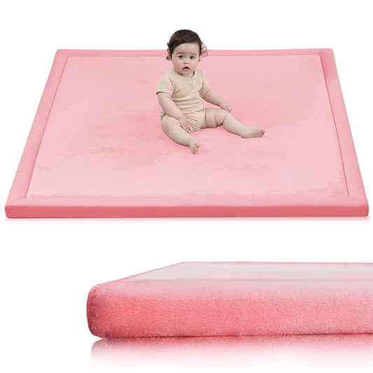 Huloo Sleep Ultra Soft Baby Play Mat for Floor,1.3" Thick Elasti-Foam 47x47 Play Mat for Playpen,Water-Repellent Coral Velvet for Tummy Time, Non-Slip Backing Safe for Toddlers & Infants（Pink）