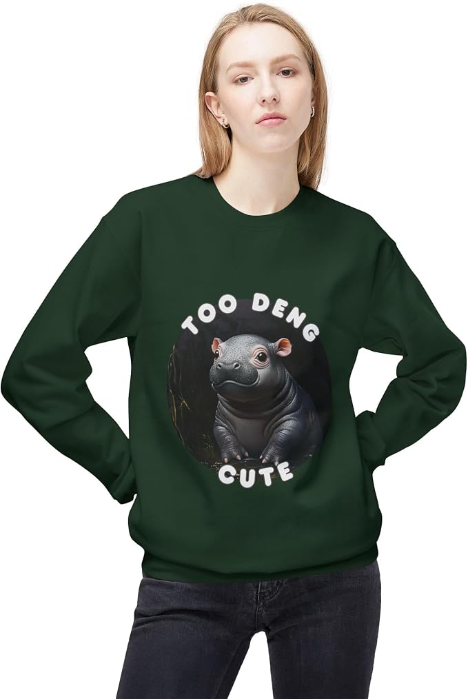 Unisex Fleece Crewneck Sweatshirt - Too Deng Cute Moo Deng Hippo, Cozy Cotton Blend, Classic Relaxed Fit