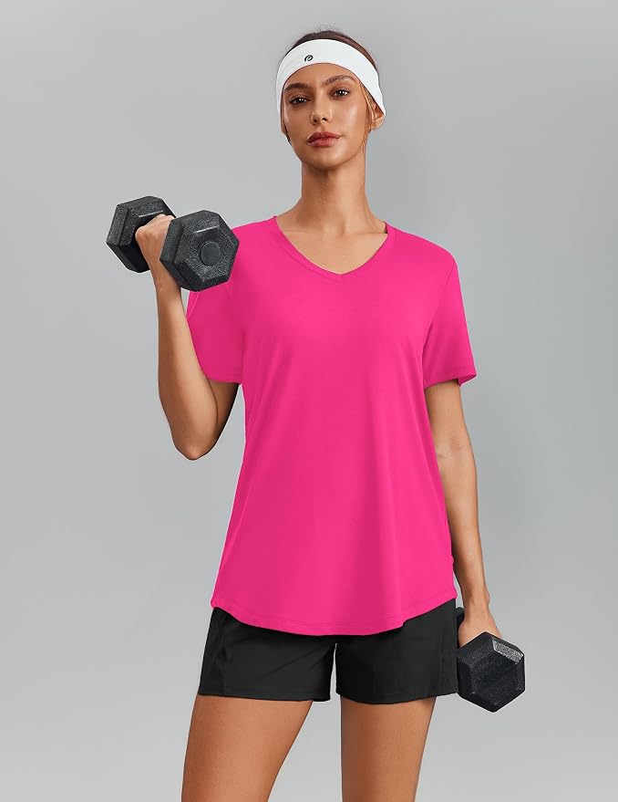 PINSPARK Soft Workout Tops for Women Short Sleeve V Neck Moisture Wicking UPF 50+ Sun Protection Quick Dry Gym Shirts