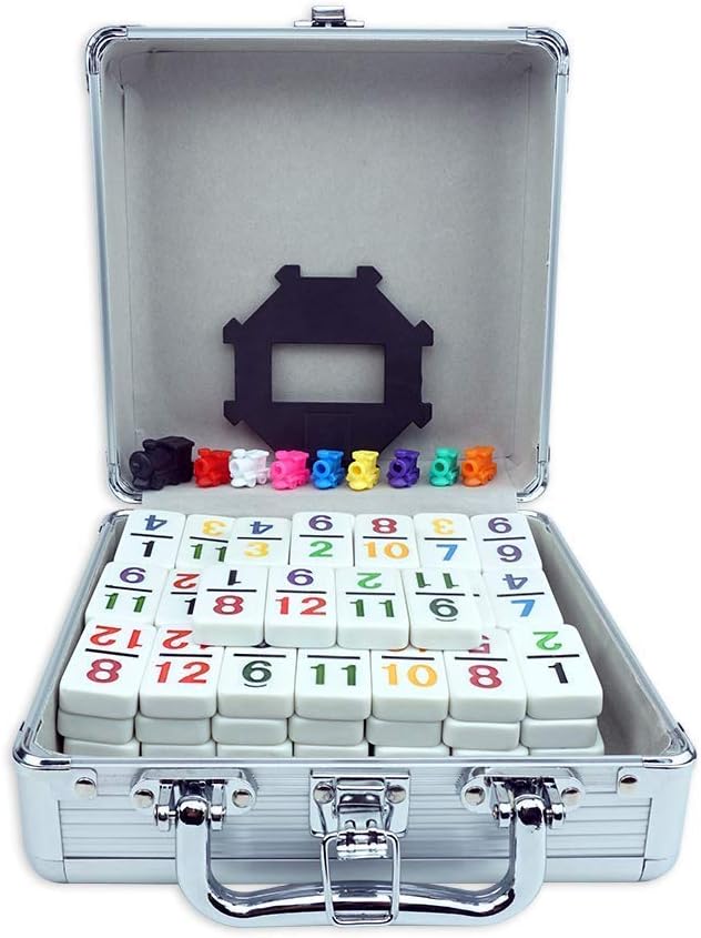 PUREPLAY Mexican Train Dominoes Set with Numbers - Double 12 Colored Number Dominoes - Includes 91 Tiles with 9 Trains, Plastic Pieces and Aluminum Case for 2-8 Players Ages 8+