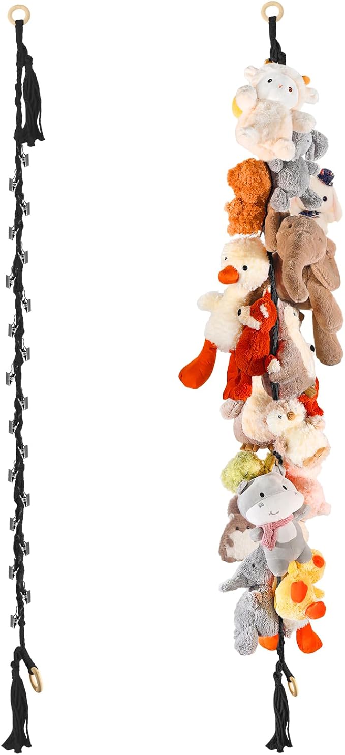 80" 2-Pack Cotton Hanging Storage Chain For Stuffed Animals Storage with 20 Metal Clips, Stuffed Animal Organizer Chain for Wall Corner Nursery Play Room, Black