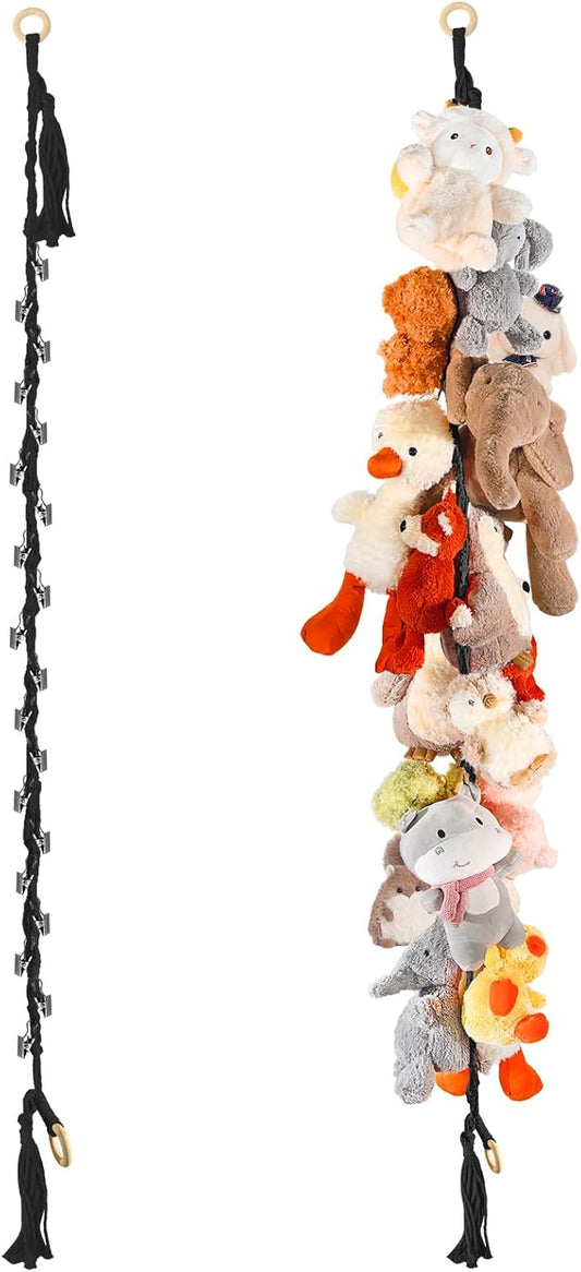 1/2 pcs 80" Cotton Hanging Storage Chain For Stuffed Animals Storage with 20 Metal Clips, Stuffed Animal Organizer Chain for Wall Corner Nursery Play Room, Black