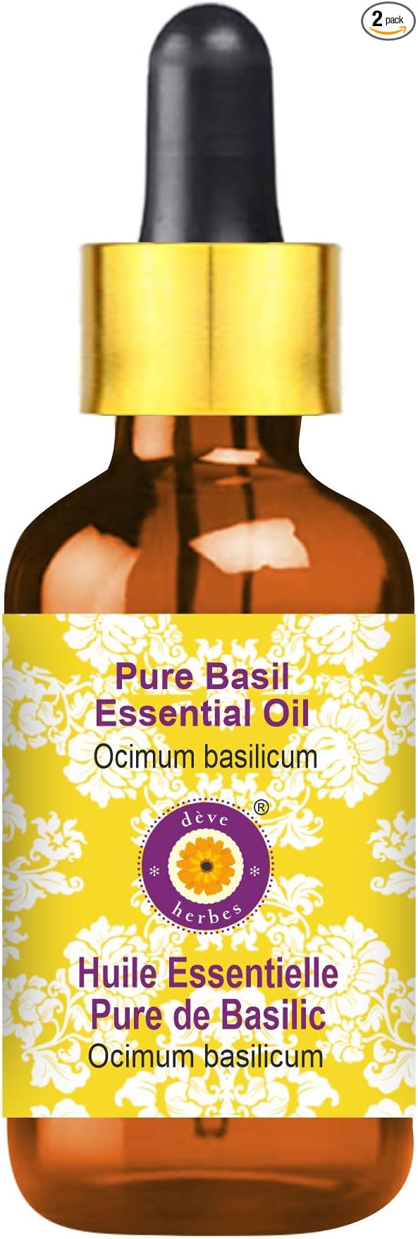 Deve Herbes Pure Basil Essential Oil (Ocimum basilicum) with Glass Dropper Steam Distilled 15ml (0.50 oz)