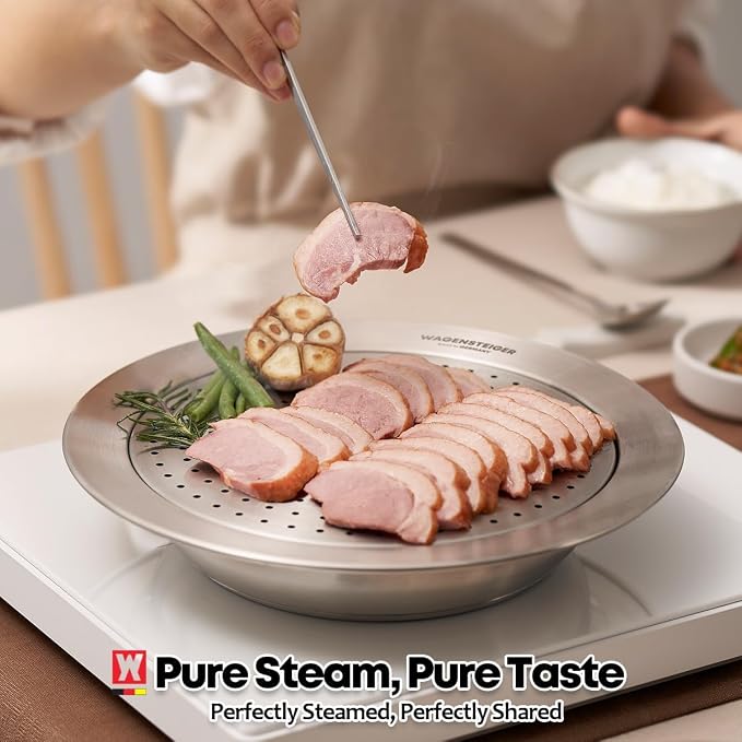 WAGENSTEIGER Stainless Steel Steam Food Warmer Pan with Perforated Tray, Food Steamer, Multipurpose Cooking Pan for Steaming, Boiling, and Warming Food, Korean Style Communal Food Dishes (Silver, 20.6cm / 8.12inch)