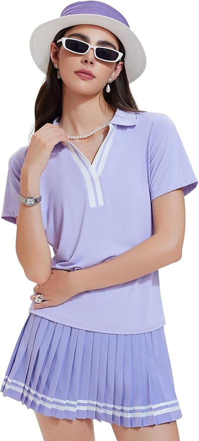Women 2 Piece Tennis Skirt Set Pleated Golf Outfit, Polo V-Neck Athletic Dress Alternative Skort Set for Pickleball Pockets