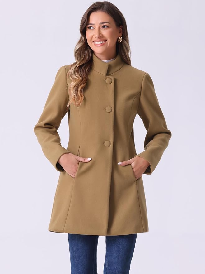 Allegra K Women's Winter Overcoat Mid-Long Stand Collar Single Breasted Coat Outerwear