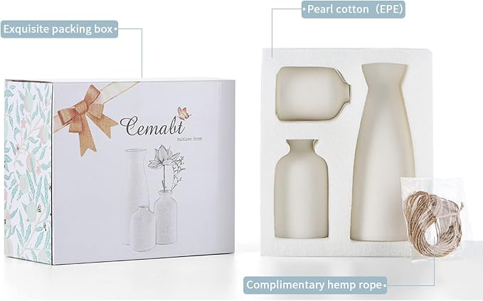CEMABT White Ceramic vase Set-3 Small Flower vases for Decor,Modern Boho Farmhouse Home Decor,Decorative vase for Pampas Grass&Dried Flowers,idea Shelf,Table,Bookshelf ，Entryway- Distressed
