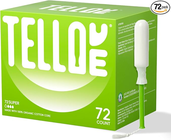 Tellove Tampons with 100% Organic Cotton Core, 72 Count (72 Super Tampons), Featuring 360° Comfort-Expand Leakproof Technology with Comfort BPA-Free Long Applicator, Gentle on Sensitive Skin