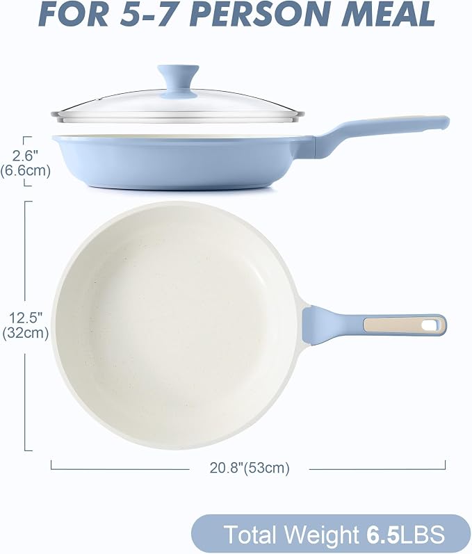 SENSARTE 12.5In Nonstick Ceramic Frying Pan with Lid, PFAS/PTFE Free, Blue | Ceramic Omelette Pan Skillet, Healthy Non-toxic Chef's Pan, Induction Compatible Pan, Heat Resistant Handle