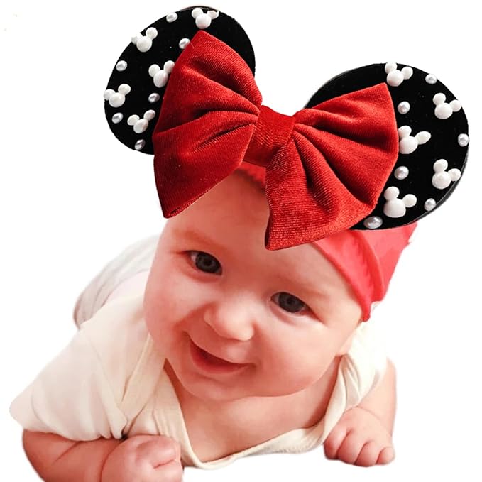 JIAHANG Baby Girl Velvet Mouse Ears Turban Headwrap with Beads, Wide Velour Hair Bow Headband for Toddler, Infants, Kids, Party Supplie