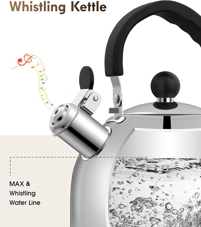 Tea Kettle for Stove Top - Stainless steel Teapot,2 Quart Camping Kettle, Efficient Heating, Audible Whistle, Safe Handle - Hot Water kettle & Tea Pot Stovetop (Silver)