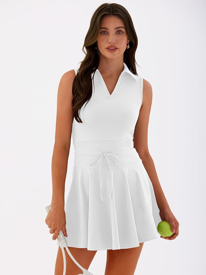 Caracilia Women's 2 Piece Tennis Dress Set-Polo Neck Sleeveless Mini Dresses with Shorts,Golf Casual Workout Athletic Sports