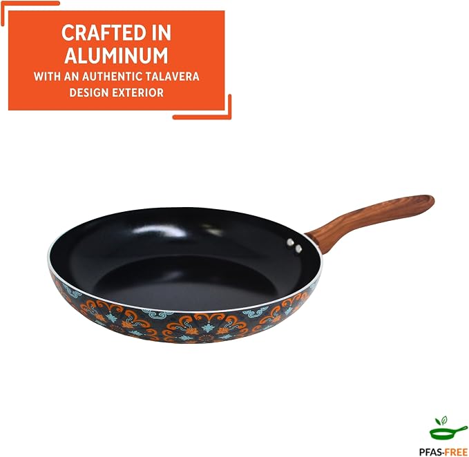 IMUSA 8 Inch Talavera Aluminum Black Ceramic Fry Pan with Woodlook Handle | Ceramic Nonstick, Glass Lid with Helper Handle, Deep Sauté Pan, Ideal for Family Cooking