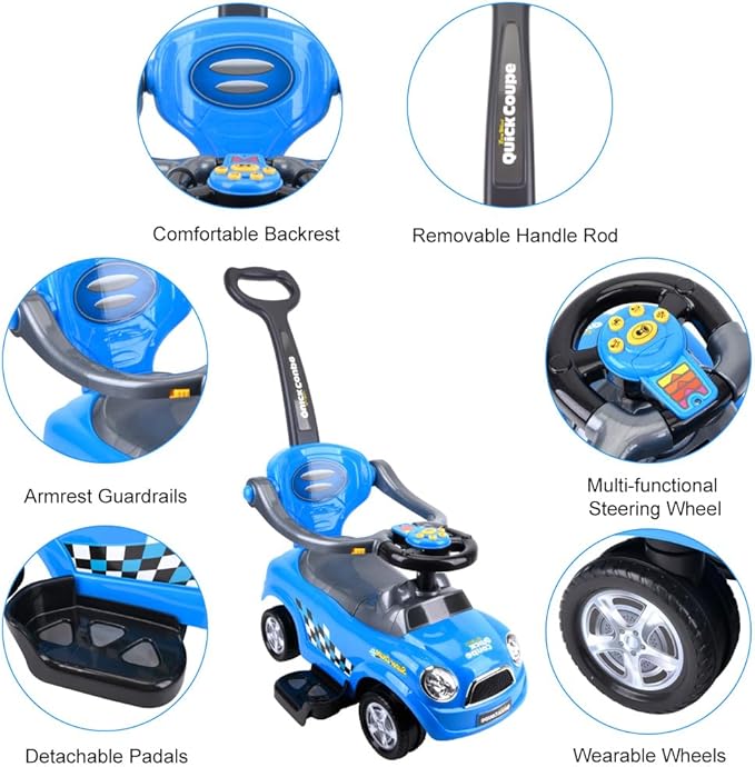 ChromeWheels 3 in 1 Ride on Push Car for Toddlers with Removable Handle/Guardrails/Pedal, Horn, Music, Under Seat Storage (Blue)