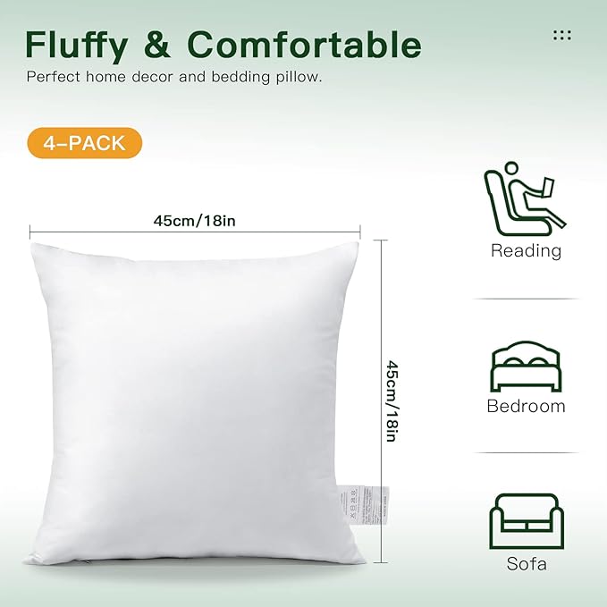 OTOSTAR Pack of 4 Throw Pillow Inserts, 18 x 18 Square Cushion Inner Soft Fluffy Plump Stuffer Cushion Pads White Decorative Pillow Inserts