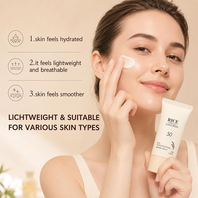 2PCS Rice Face Moisturizing with Spf50+, New Rice Ultra-Light Sunscreen, Rice Sunscreen Mineral Formula, Effectively Protects Against UV Rays, Waterproof and Non-Whitening, Suitable for all Skin Types