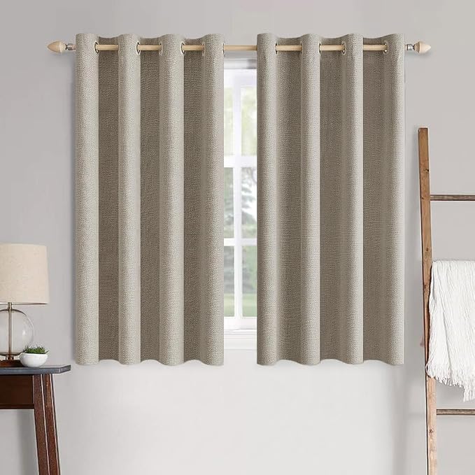 MIULEE 100% Blackout Linen Textured Curtains for Bedroom Solid Thermal Insulated Pebble Taupe Grommet Room Darkening Curtains & Drapes Luxury Decor for Living Room 52 x 63 Inch (2 Panels)