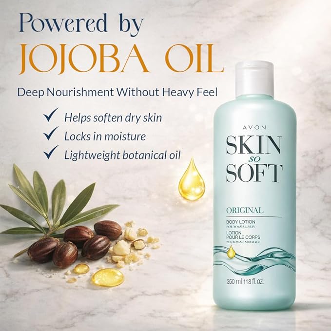 Avon Skin So Soft Original Body Lotion for Women, Paraben-Free Moisturizing Hand and Body Lotion for Dry Skin with Jojoba Oil, Non-Greasy Lightweight Body Moisturizer, 24-Hour Hydration, 11.8 fl oz