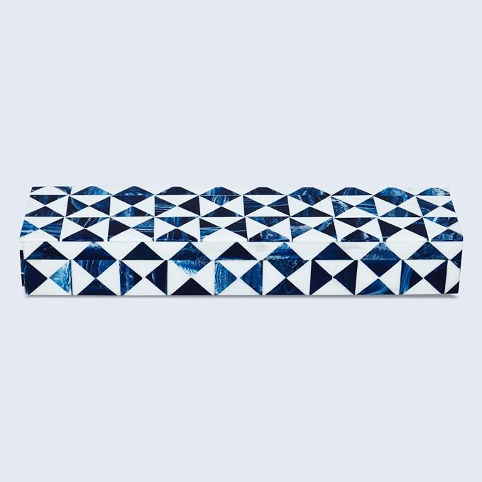 Handicrafts Home Blue and White Decorative Storage Box with Lid – Slim Remote Control Holder Box, Handmade Resin Inlay Wooden Box, Coffee Table Organizer, Small Keepsake Storage Box - 10x2.5x1.5 Inch