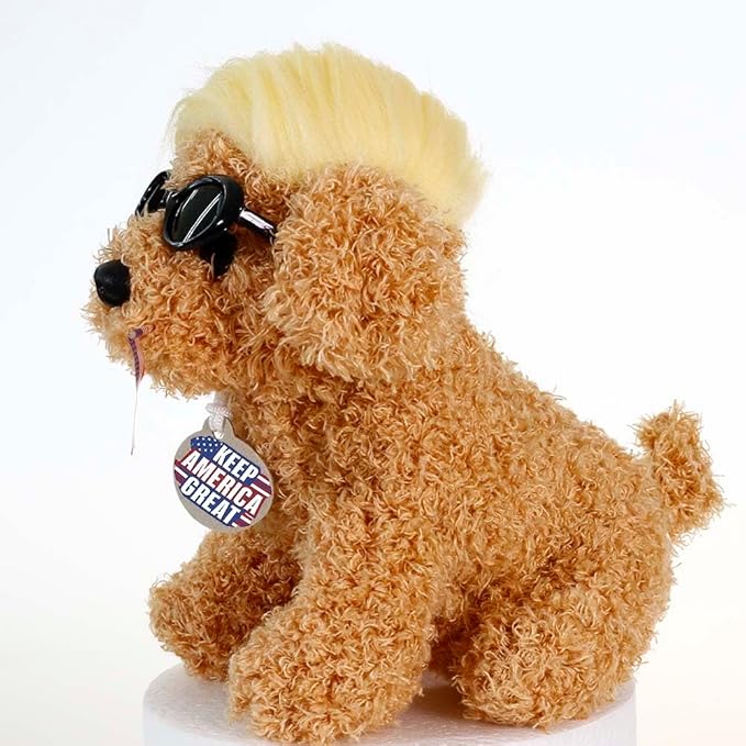 Donald Teddy Dog with Wig, Tag and Flag Donald Doll Donald Dog Toy Funny Gifts Funny Toys (Yellow)